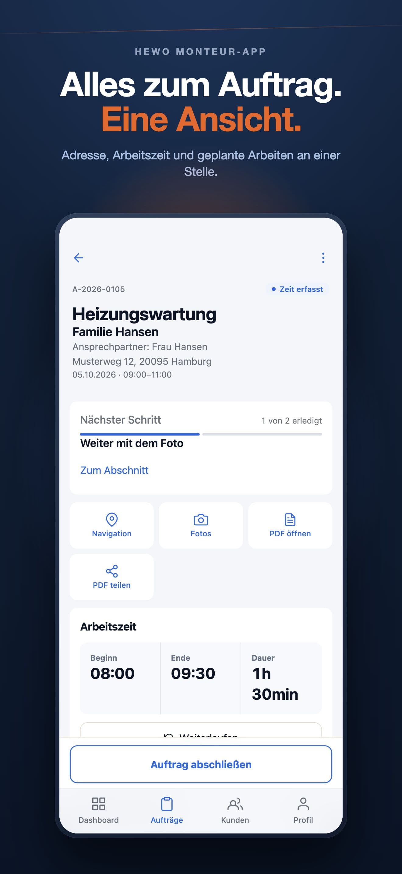 Vorhandene HeWo-App-Ansicht zum Beispielauftrag Heizungswartung