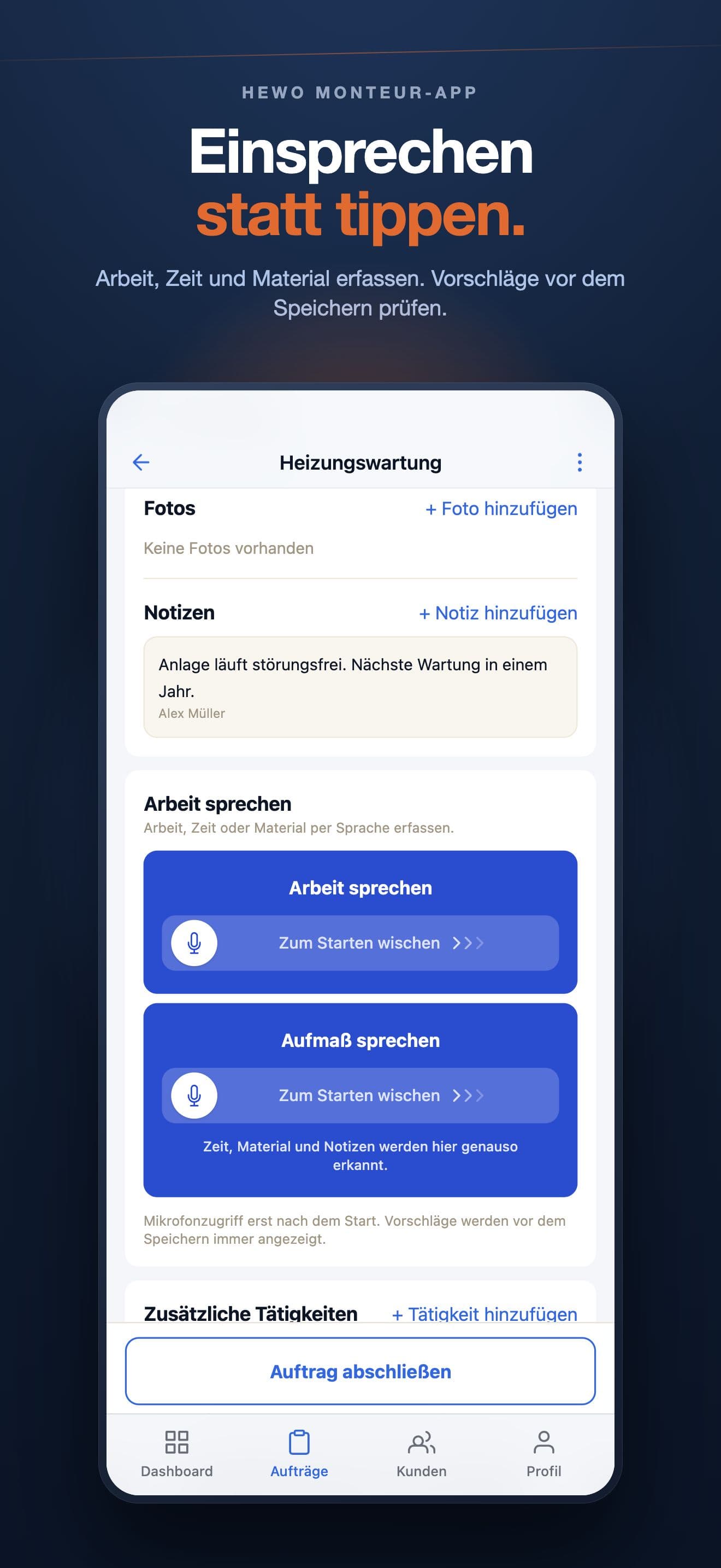 Vorhandene HeWo-App-Ansicht zum Beispielauftrag Heizungswartung