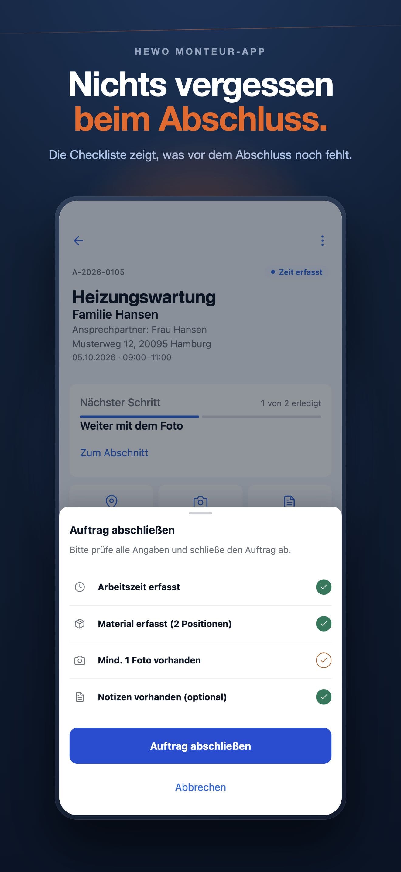Vorhandene HeWo-App-Ansicht zum Beispielauftrag Heizungswartung